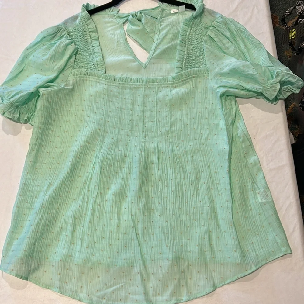 Anthropologie MINE Green Top Size Large Tie Back Brown Raised Dots New - Picture 4 of 8
